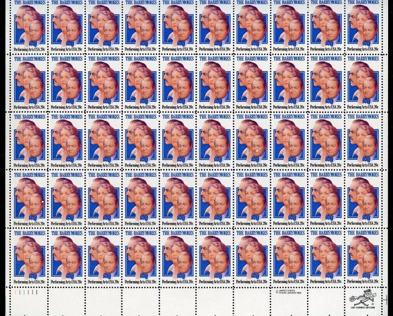 UNITED STATES SCOTT #2042 THE BARRYMORES COMPLETE SHEET  MINT NH