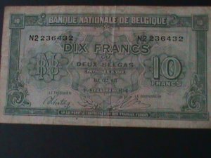 ​BELGIUM-1944 BANK OF BELGIUM-10 FRANCS-2BELGA-CIRULATED NOTE-VF-80 YEARS OLD