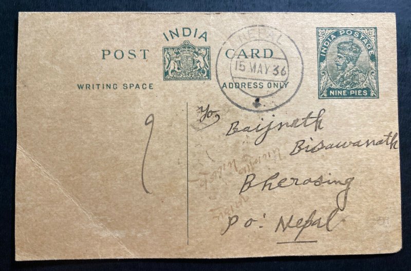 1936 Calcutta India Postal Stationery Postcard Cover To Bherasing Nepal 