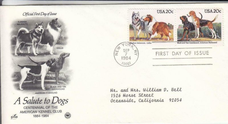 1984, A Salute to Dogs, 100th Anniv. Kennel Club, Artcraft/PCS, FDC (E8416)