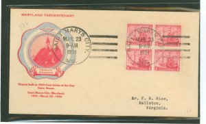 US 736 1934 3c Maryland Tercentenary (block of four) on an addressed first day cover with a rice cachet.