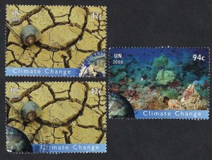 United Nations #968a & b, 969a 2 x 42¢ & 1 x 94¢ Climate Change (2008). Used.