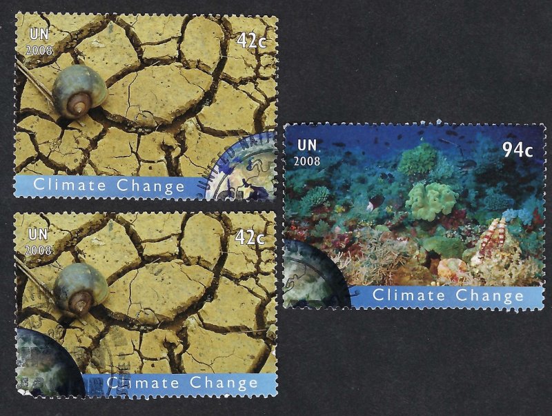 United Nations #968a & b, 969a 2 x 42¢ & 1 x 94¢ Climate Change (2008). Used.