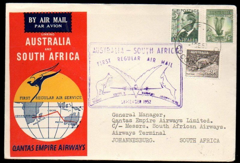 Australia: 1952 Quantas 1st Flight Cocos Islands to Jo'burg