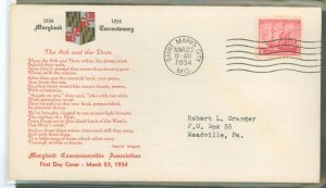 US 736 1934 3c Founding of Maryland 300th anniv on an addressed (typed) FDC with a Maryland Commemorative Association cachet