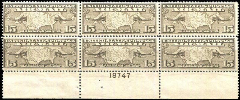 US Airmail 15¢ Brown C8 Plate Block OF 6 FLAT PLATE MNH # 18745