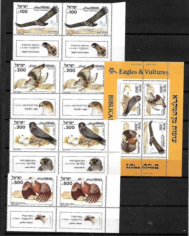 ISRAEL STAMPS, 1985 BIBLICAL BIRDS SET COMPLETE, Sc.#896-899a, PAIRS + S/S, MNH