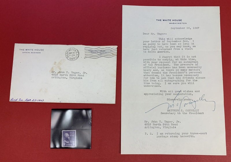 1947 Letter About Autograph of Harry Truman, from M. Connelly, Secretary