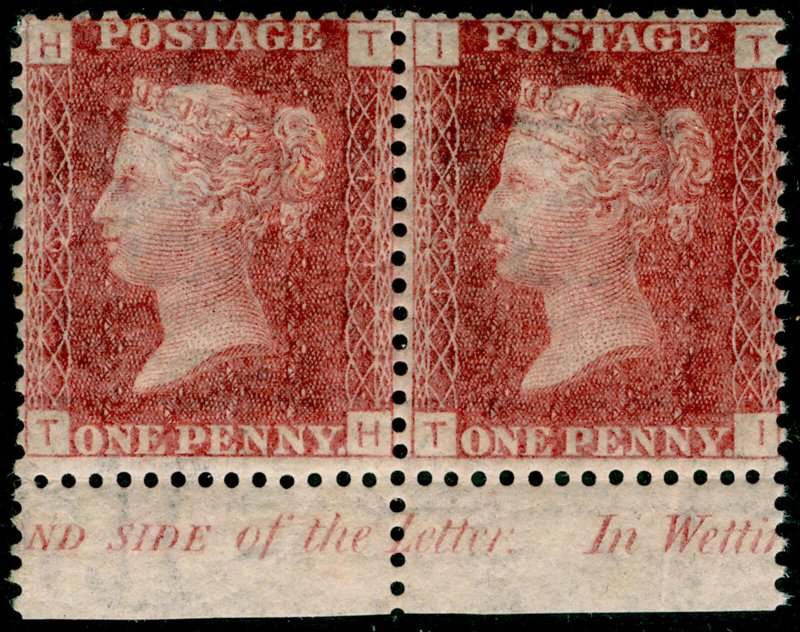 SG44, 1d lake-red plate 165, LH MINT. Cat £130+ MARGINAL INSCRIPTION. PAIR TH TI