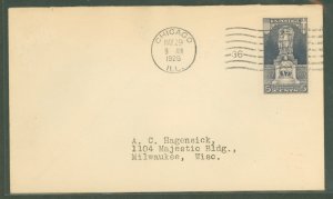 US 628 1926 5c ericsson commemorative on an addressed, uncacheted fdc, with a chicago, il cancel, an a c. e. nickels service mar