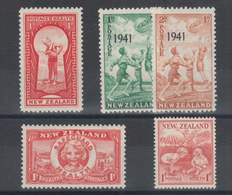 New Zealand Sc B8, B11, B13, B18-B19, MLH. 1935-48 Semi Postals, 4 cplt sets