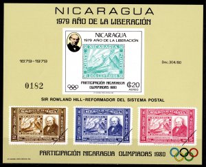 Nicaragua 1980 Mi#BL112 MOSCOW & LAKE PLACID OLYMPICS/ROWLAND HILL S/S MNH