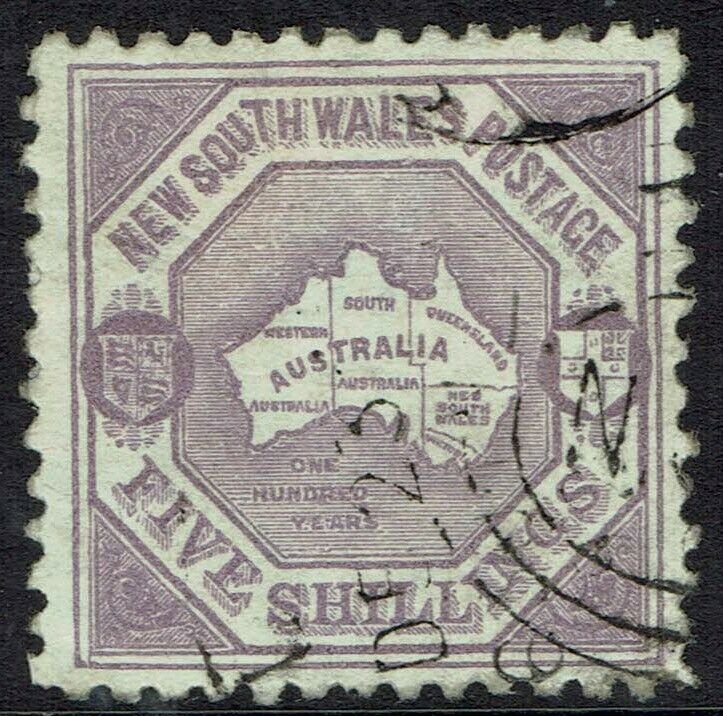 NEW SOUTH WALES 1890 MAP 5/- WMK 5/- NSW IN DIAMOND PERF 10 USED 