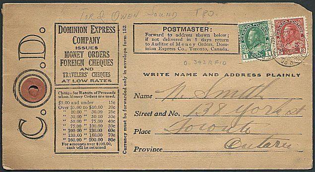CANADA 1919 C.O.D. envelope Toronton & Owen Sound TPO pmks.................39143
