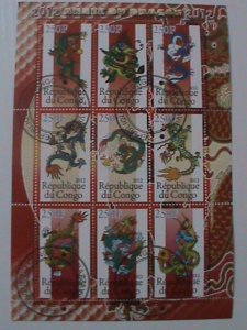 CONGO-2012 YEAR OF THE LOVELY DRAGON-9 DIFFERENT DRAGONS-CTO SHEET- VERY FINE