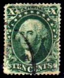 #32 used fine 10c Washington (ll) 1857-61 Issue 15 1/2 Perf.