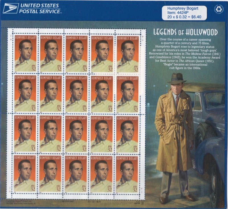 Scott #3152 Humphrey Bogart Sheet of 20 Stamps - Sealed