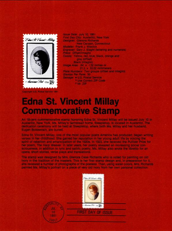 US SP559 Edna Millay 1926 Souvenir Page FDC