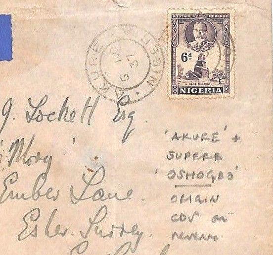 NIGERIA *Oshogbo* 6d Rate KGV Airmail *Akure* CDS Cover Esher Surrey 1937 AK147