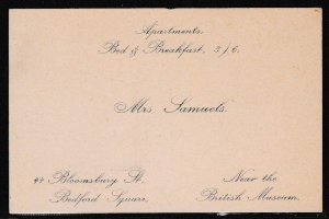 Great Britain c1900 Ephemera  Calling Card Mrs. Samuels Bed & Brealfast London