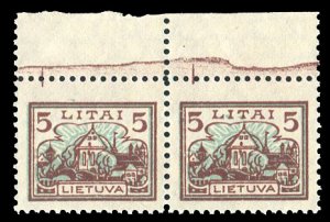 Lithuania #173, 1923 5L brown and blue, top margin horizontal pair, never hinged