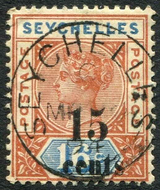 SEYCHELLES-1893 15c on 16c Chestnut & blue Sg 18 FINE USED V48928