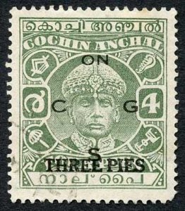 COCHIN Official SGO67 3p on 4p Green Wmk 27 Fine used Cat 75 pounds 