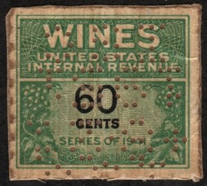 RE140 60¢ Wine Revenue Stamp (1942) Perfin on Paper