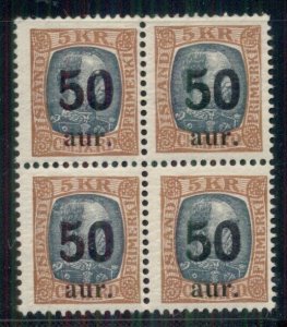 ICELAND #138 (102)  50a/5kr Ovpt, Block of 4, og, NH, F/VF, Facit $900.00