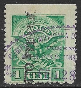 MEXICO REVENUES 1901 1c Rentas Arms & Aztec Calendar DISTRITO FEDERAL R201 FU