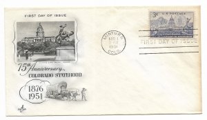 US 1001 (Me-5) 3c Colorado Statehood on FDC Artcraft Cachet ECV $9.00