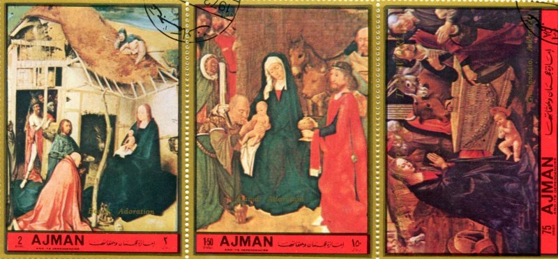 Ajman 1972 GERARD DAVID THE ADORATION OF THE KINGS Strip Perforated fine used