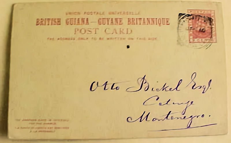 BRITISH RUIANA POSTAL CARD DOUBLE 1899 TO MONTENEGRO B/S GEORGETOWN