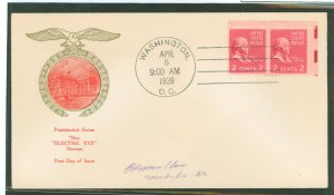 US 804EE 1939 Experimental electric eye process; 2c John Adams (presidential/prexy series) pair on an addressed first day cover