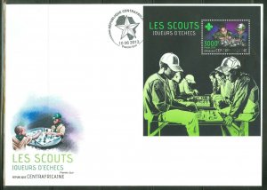 CENTRAL AFRICA  2013 BOY SCOUTS PLAYING CHESS  SOUVENIR SHEET FIRST DAY COVER