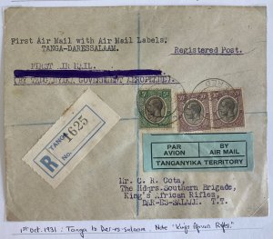 1931 Tanga Tanganyika First Flight Airmail Cover To Dar Es Salaam Government Aer