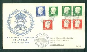 Sweden. 1948  FDC Cachet. King Gustaf V 90 Year. Sc# B 37-41.(7)  Adr: Jonkoping