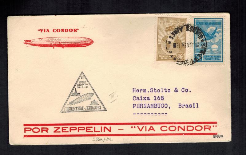 1934 Argentina LZ 127 Graf Zeppelin Cover to Pernambucio Brazil