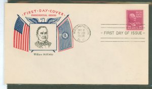 US 829 1938 25c William McKinley (part of the 1938 Presidential series/The Prexies) single on an unaddressed first day cover wit