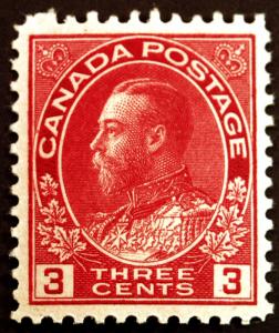 Canada #109 3c Carmine 1923 King George V  Fresh Mint LH