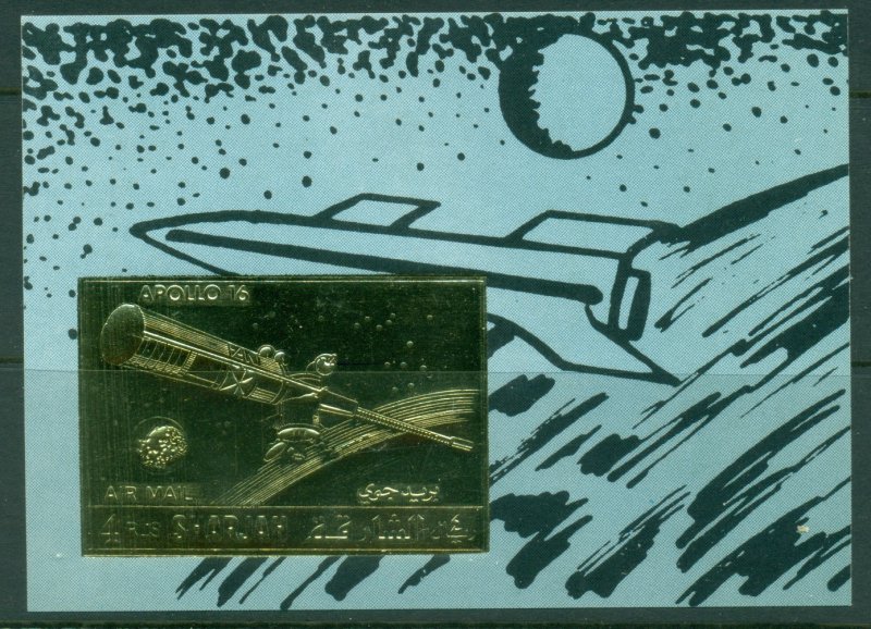 Sharjah 1972 Mi#MS132 Space Achievement, Apollo 16 Gold Foil embossed MS MLH