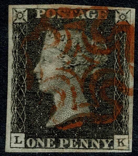 GB 1d black LK Plate 5. 4 margins. Cancelled by red Maltese Cross.
