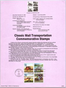 USPS SOUVENIR PAGE CLASSIC MAIL TRANSPORTATION COMMEMORATIVE STAMPS 1989