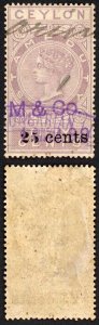 Ceylon BF77 25 cents on 50c lilac Stamp Duty