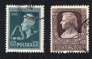 Poland 1954-55 60g & 40g Chopin, Scott 645, 666 used, value = 50c