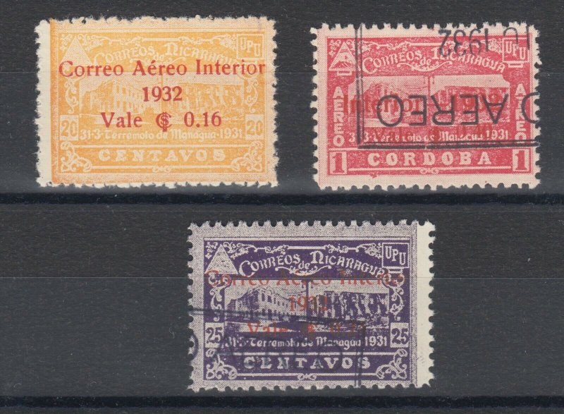 Nicaragua Sc C41 unused, C42, C46 used. 1932 Air Post with red Surcharges, F-VF