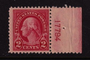 1923 Washington 2c carmine Sc 554 MNH right plate number single CV $15 (R04