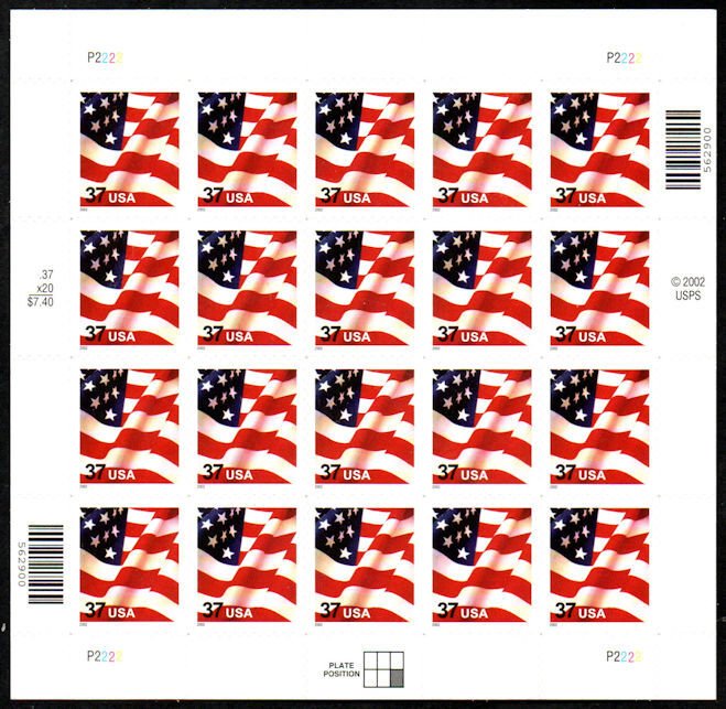 MALACK 3630 VF/XF NH, 37c Flag Sheet, rich color! SELECT! sheet3630