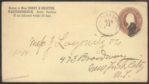 USA 1886 Walterborough South Carolina Postal Entire Cover 110092