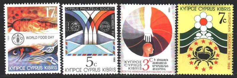 Cyprus. 1989. 726-29. Fight against cancer, fish, earthquake in Armenia, post...